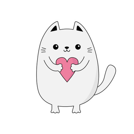 Cat kitten kitty holding pink heart. Happy Valentines Day. Contour line doodle. Funny head face. Cute cartoon kawaii animal character. Flat design. Love card. White background. Vector illustrationのイラスト素材
