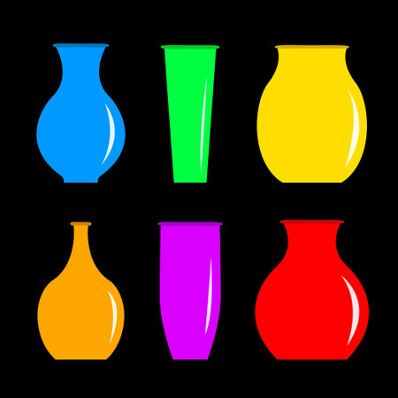 Colorful vase icon set. Flower glass vases. Ceramic Pottery Glass Flowers decoration template. Cute icon collection. Flat design. Isolated. Black background. Vector illustrationのイラスト素材