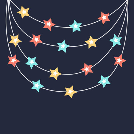 Christmas lights. Colorful star sparkle glowing garland. String fairy light set. Cartoon holiday festive xmas decoration. Hanging decoration. Flat design. Isolated. Black background. Vectorのイラスト素材