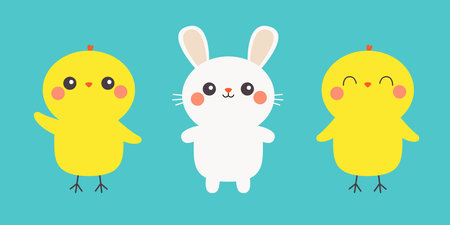 Chicken bird, bunny set line banner. White rabbit chick head. Egg shape. Happy Easter. Cute cartoon kawaii baby character. Funny face with pink cheeks. Farm animal. Blue background. Flat design Vectorのイラスト素材