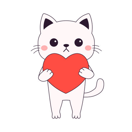 White cat kitten kitty holding red heart. Happy Valentines Day. Funny head face. Contour line doodle. Cute cartoon kawaii animal character. Flat design. Love card. White background. Isolated. Vectorのイラスト素材
