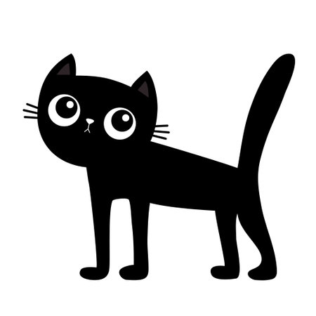 Black cat standing. Funny head face. Kitten with big eyes. Ears, nose, ears. Cute cartoon kawaii character. Pet animal collection. Flat design. Black silhouette. Sticker print. White background Vectorのイラスト素材