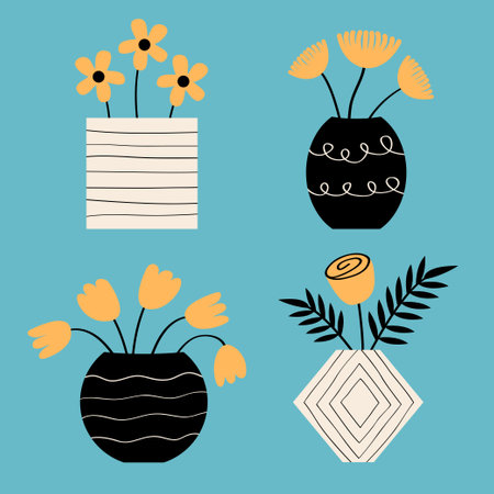 Flower in vase icon set line. Different orange flowers. Ceramic glass vases. Daisy, tulip, rose, leaf. Pottery Glass decoration. Modern abstract aesthetic Boho art. Blue background. Flat design Vectorのイラスト素材