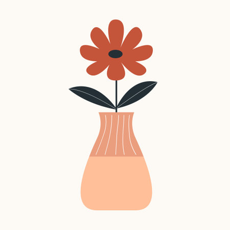 Ceramic glass vase. Flower in vase. Cute flowers icon collection. Daisy, chamomile, leaf, camomile. Pottery Glass decoration. Modern abstract aesthetic Boho art. White background. Flat design. Vectorのイラスト素材