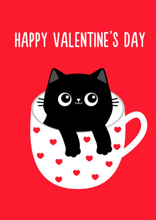 Happy Valentines Day. Cat in tea coffee cup. Red heart. Paws hand. Black kitten. Cute cartoon funny baby animal pet character. Love greeting card. Flat design. Red background. Vector illustrationのイラスト素材