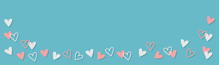 Pink, white heart set. Flying paper hearts line banner. Happy Valentines Day frame decoration template. Love greeting card. Blue background. Flat design. Vector illustrationのイラスト素材