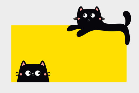 Black cat laying on paper banner template. Picking kitten. Cute cartoon kawaii funny animal pet character set. Happy Valentines day, Halloween. Flat design. White background. Vector illustrationのイラスト素材