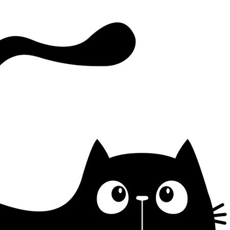 Cat head face silhouette, tail. Black peeking kitten face head. Cute cartoon kawaii character. Funny animal. Baby greeting card. Pet collection. Sticker print. Flat design. White background. Vectorのイラスト素材