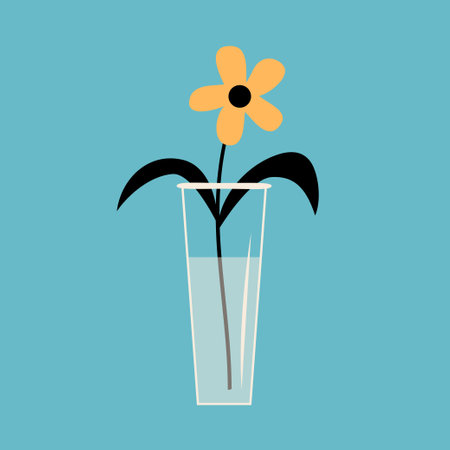 Daisy, chamomile, camomile, yellow flower. Glass vase with water. Flower in vase. Cute icon collection. Ceramic Pottery Glass decoration. Blue background. Flat design. Vector illustrationのイラスト素材