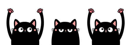 Three black cat set. Peeking kitten holding hands up. Eyes, teeth, tongue, pink paw print. Cute cartoon kawaii funny boo spooky pet baby character line banner. Flat design. White background. Vectorのイラスト素材