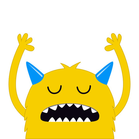 Monster holding hands up. Yellow silhouette face head icon. Happy Halloween. Eyes, fang tooth. Cute cartoon kawaii scary funny boo baby character. White background. Flat design. Vector illustrationのイラスト素材