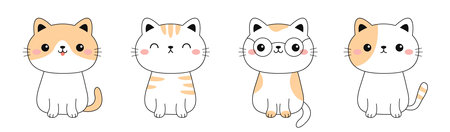 Cute cat set. Sitting kitten in glasses, sleeping, happy kitty. Funny kawaii smiling doodle animal. Face line contour silhouette icon. Cartoon baby pet character. Flat design. White background. Vectorのイラスト素材