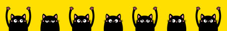 Black cat set. Peeking kitten holding hands up. Eyes, teeth, tongue, pink paw print. Cute cartoon kawaii funny boo spooky character line banner. Pet collection. Flat design. Yellow background. Vectorのイラスト素材