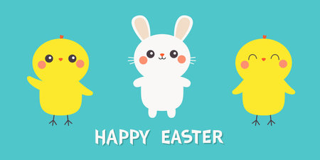 Happy Easter. Chicken bird, bunny set line banner. White rabbit chick head. Egg shape. Cute cartoon kawaii baby character. Funny face with pink cheeks. Farm animal. Blue background. Flat design Vectorのイラスト素材