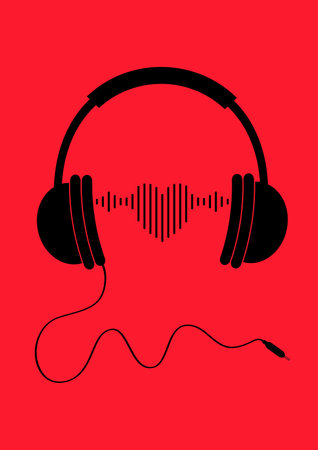 Headphones earphones with black cord. Black silhouette. Headphone icon. Black music sound wave heart. Love greeting card, banner template. Flat design. Red background. Isolated. Vector illustrationのイラスト素材