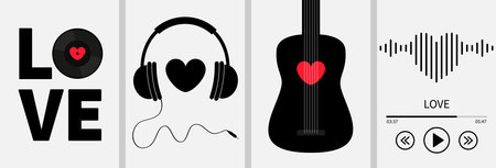 Happy Valentines Day poster, greeting card, banner set. LOVE. Black vinyl record disk. Heart sign symbol. Headphones, Guitar, sound wave music player. Flat design. White background. Isolated. Vectorのイラスト素材