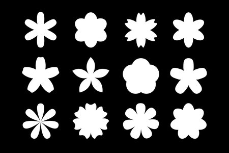 Daisy Camomile big set. Nine white chamomile icon. Cute round flower plant collection. Different shape. Love card symbol. Growing concept. Flat design. Black background. Isolated. Vector illustrationのイラスト素材