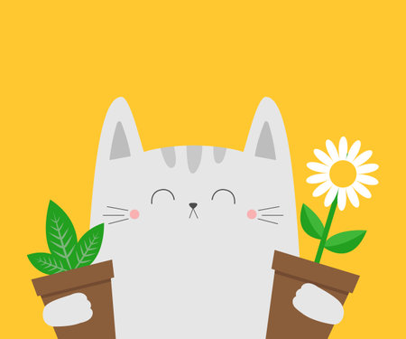 Happy Valentines Day. White cat kitten kitty holding daisy chamomile, green leaves plant. Camomile bouquet. Flower pot. Cute cartoon kawaii funny animal. Love card Flat design Yellow background Vectorのイラスト素材