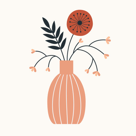 Ceramic glass vase. Flower bouquet in vase. Cute flowers icon collection. Daisy, leaf, hearts. Pink pottery Glass decoration. Modern abstract aesthetic Boho art. White background. Flat design. Vectorのイラスト素材