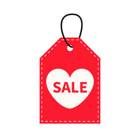 Red price tag on cord. White heart. Happy Valentines Day discount price tags. Big sale label. Special offer labels. Love sticker. Holiday February promotion. Flat design. White background. Vectorのイラスト素材