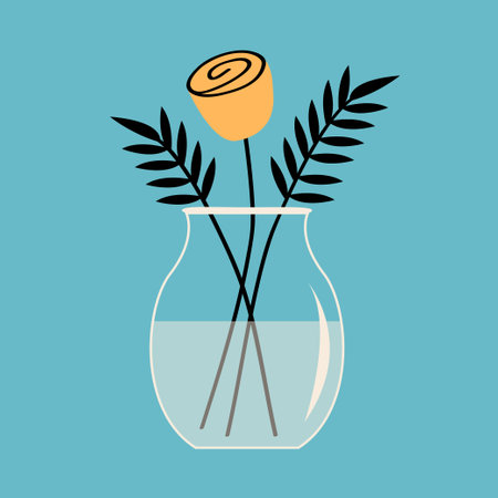 Yellow rose flower, leaf set bouquet. Glass vase with water. Flower in vase. Cute icon collection. Ceramic Pottery Glass decoration. Blue background. Flat design. Vector illustrationのイラスト素材