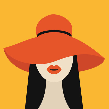 Portrait of woman in red hat. Avatar people icon for social networks. Cute cartoon character. Beautiful brunette girl face with red lips. Female head. Flat design. Yellow background. Isolated. Vectorのイラスト素材