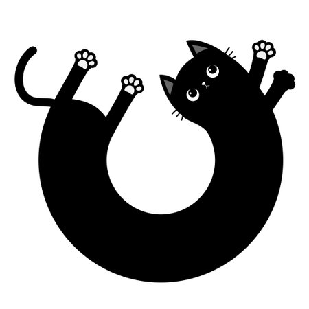 Long body cat. Round circle shape laying kitten. Cartoon baby pet character. Cute kawaii chilling black kitty head face, paw print. Happy Halloween. Flat design. White background. Vector illustrationのイラスト素材