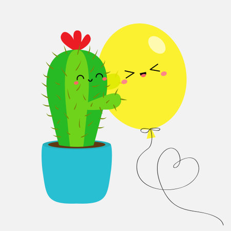 Cactus hugging a balloon. Flower pot. Love greeting card. Happy Valentines Day. Cute cartoon kawaii funny character set. Green houseplant. Heart symbol. Flat design. White background. Isolated. Vectorのイラスト素材