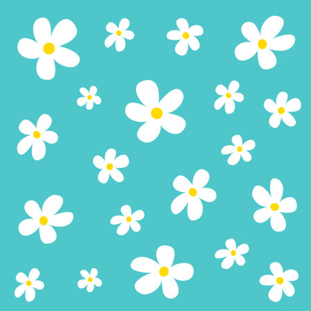 Daisy flower pattern. White chamomile camomile icon set. Cute plant collection. Growing concept. Wrapping paper textile template. Greeting card, banner. Blue background. Vector illustrationのイラスト素材