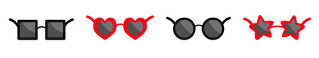 Sunglasses icon set line. Different trendy glasses for sun protection. Heart, square, round, star shape sunglass. Retro eyeglasses. Hipster retro eyewear glass lens Flat design White background Vectorのイラスト素材