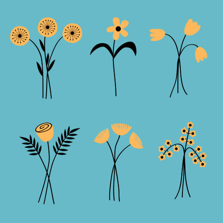 Flower bouquet set. Different yellow flowers. Daisy, rose, tulip, gerbera. Cute colorful icon collection. Home decoration. Blue background. Flat design Vector illustrationのイラスト素材