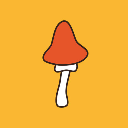 Cute red mushroom, fungus icon. Groovy retro icon in 60s, 70s hippie style. Funny cartoon eyes. Patches, pins, stamps, stickers template print. Trendy psychedelic flat design. Yellow background Vectorのイラスト素材