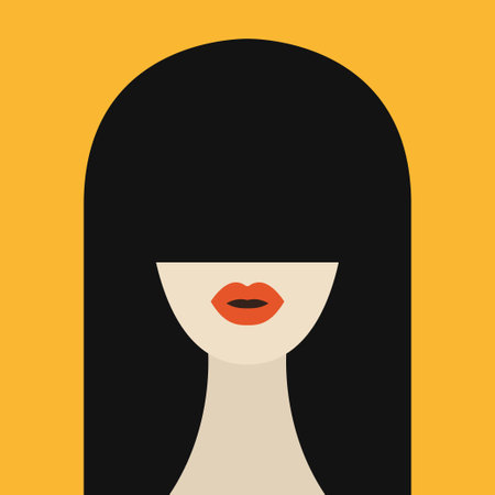 Portrait of brunette woman with long bangs hair. Avatar people icon for social networks. Cute cartoon character. Beautiful girl face with red lips. Female head. Flat design. Yellow background. Vectorのイラスト素材