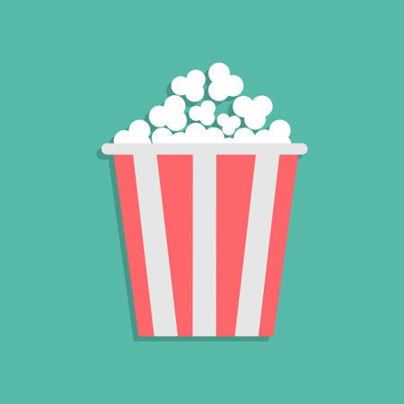 Popcorn icon. Red white red strip box. Pop corn food. Cinema movie night. Cute movie cinema banner decoration template. Flat design style. Isolated. Green background. Vector illustrationのイラスト素材