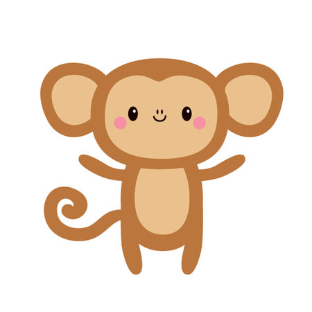 Monkey icon. Cute cartoon kawaii funny baby animal character. Brown color. Childish style. Educational card for kids. Flat design. White background. Isolated. Vector illustrationのイラスト素材