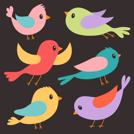 Bird icon set. Cute cartoon kawaii funny baby character. Different birds collection. Colorful sticker print. Childish style. Decoration element. Flat design. Isolated. Black background. Vectorのイラスト素材