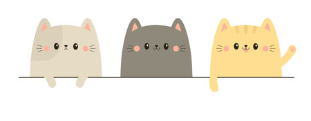 Cat set hanging on white paper. Kitten with hands. Paw print on the table. Funny Kawaii pet animal. Gray, orange silhouette. Cute cartoon doodle baby character. Flat design. White background. Vectorのイラスト素材