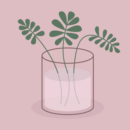 Green leaf flower set in vase. Flowers, plant leaves bouquet. Glass vases with water. Ceramic Pottery decoration. Line doodle. Aesthetics modern style. Pink background. Flat design Vector illustrationのイラスト素材