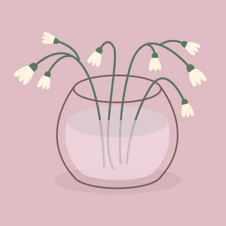 Lily of valley flower bouquet in vase. Flowers, plant leaves. Glass vases with water. Ceramic Pottery decoration. Line doodle. Aesthetics modern style. Pink background. Flat design Vector illustrationのイラスト素材