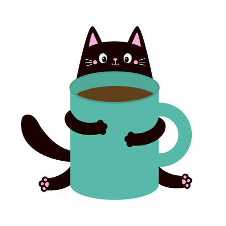 Cat holding blue coffee tea cup. Good morning. Happy Valentines Day. Black kitten. Paws hand. Cute cartoon funny baby animal pet character. Love greeting card. Flat design. White background. Vectorのイラスト素材