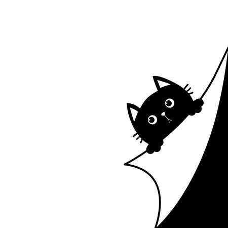 Curled paper corner. Cat face, paws holding fold page corners. Happy Halloween. Cute cartoon kawaii funny baby animal character. Black silhouette sticker print. Greeting card. White background. Vectorのイラスト素材