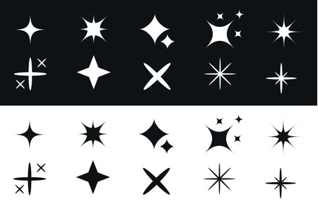 Sparkle star icon set. Abstract sign symbol. Stars Sparkles sign symbol set. Decoration element. Cute shape collection. Shining effect. Flat design. Black and white background Isolated. Vectorのイラスト素材