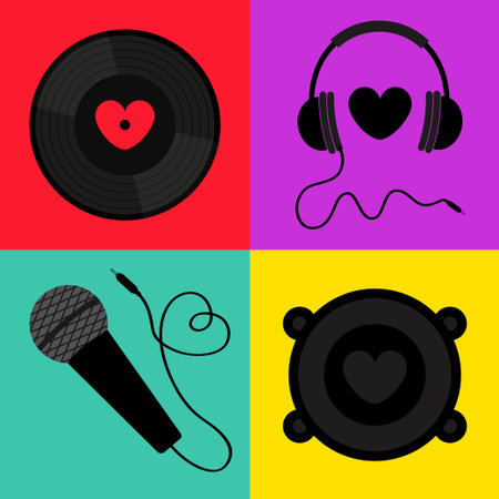 Black vinyl record disk. Headphones, microphone, sound speaker loudspeaker. Heart sign symbol. LOVE. Valentines Day greeting card, music poster, banner set. Flat design. Colorful background. Vectorのイラスト素材