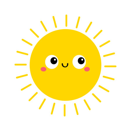 Yellow sun shining icon. Hello summer. Cute cartoon funny smiling character.Kawaii face with happy emotion. Big eyes. Baby collection. Childish style. Flat design. White background. Isolated. Vectorのイラスト素材