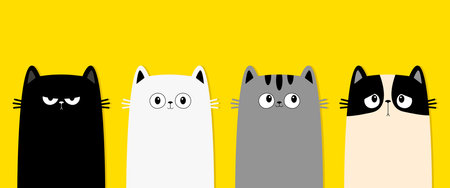 Cat set line. Black, gray, white kitten icon. Funny face head. Different emotion. Sad happy angry. Cute cartoon character. Kawaii animal. Love card. Flat design. Yellow background. Isolated. Vectorのイラスト素材