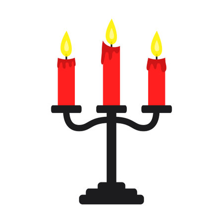Black candle holder with burning red candles. Three wax candlestick set. Yellow light fire. Simple sign symbol. Cartoon icon. Happy Halloween. Flat design. White background. Isolated. Vectorのイラスト素材