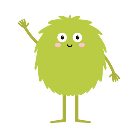 Cute monster standing. Happy Halloween. Green monsters silhouette icon. Eyes, smiling face, waving hand. Cartoon kawaii funny character. Childish style. Flat design. White background. Isolated. Vectorのイラスト素材
