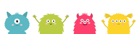 Happy Halloween. Monster set. Four colorful silhouette head face icon line. Eyes, tongue, tooth fang, hands up. Cute cartoon kawaii scary funny baby character. White background. Flat design. Vectorのイラスト素材