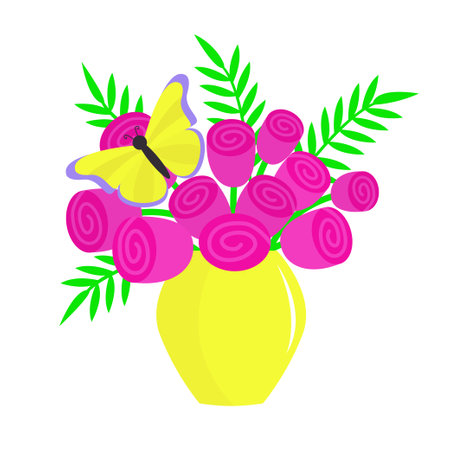 Pink red rose flower, green leaf set bouquet. Yellow glass vase. Flower in vase. Butterfly sits on a flowers. Cute icon collection. Ceramic Pottery Glass decoration White background Flat design Vectorのイラスト素材