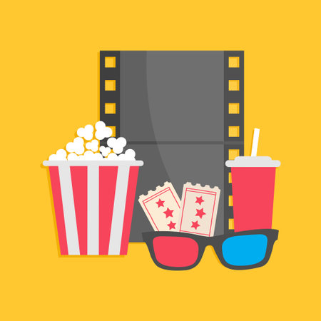Popcorn box package. Soda drink. Film strip Ticket Admit one. Three star. 3d glasses Movie Cinema icon sign symbol set. Banner Invitation template. Isolated. Yellow background. Flat design. Vectorのイラスト素材